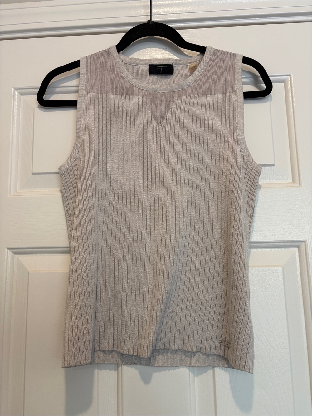 Tahari Neutral Ribbed Knit Crewneck Top, XL